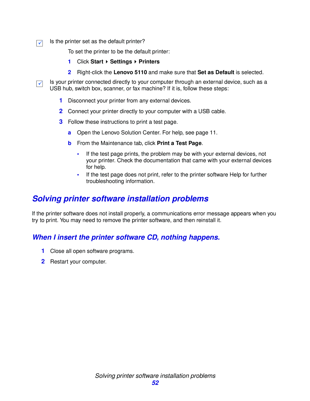 Lenovo 6110, 5110 Solving printer software installation problems, When I insert the printer software CD, nothing happens 