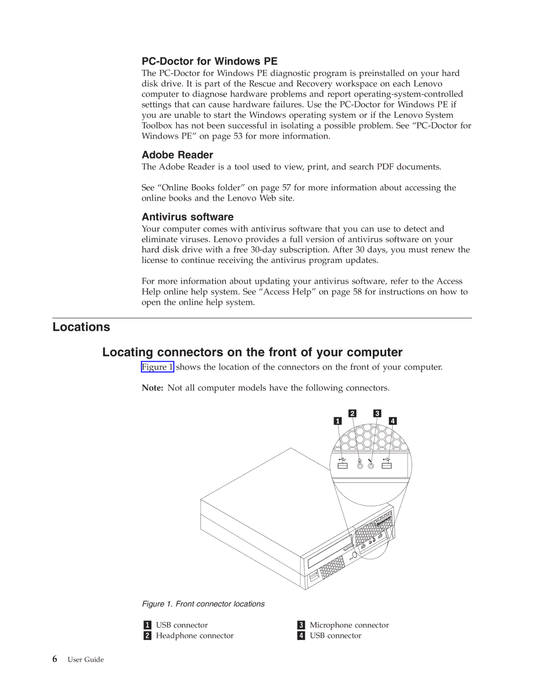 Lenovo 6139, 7348, 8338, 8820, 7637 Locations Locating connectors on the front of your computer, PC-Doctor for Windows PE 