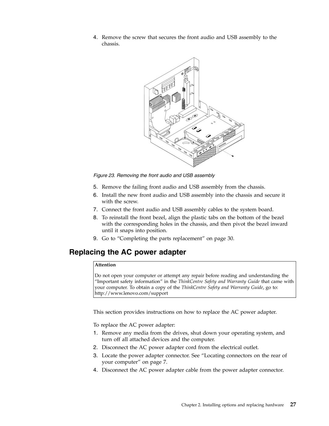 Lenovo 7356, 6139, 7348, 8338, 8820, 7637, 7479, 7626 Replacing the AC power adapter, Removing the front audio and USB assembly 