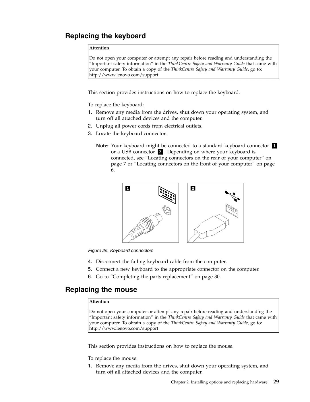 Lenovo 7629, 6139, 7348, 8338, 8820, 7637, 7479, 7626, 7356, 7359, 7345, 6136, 7187, 9961 Replacing the keyboard, Replacing the mouse 