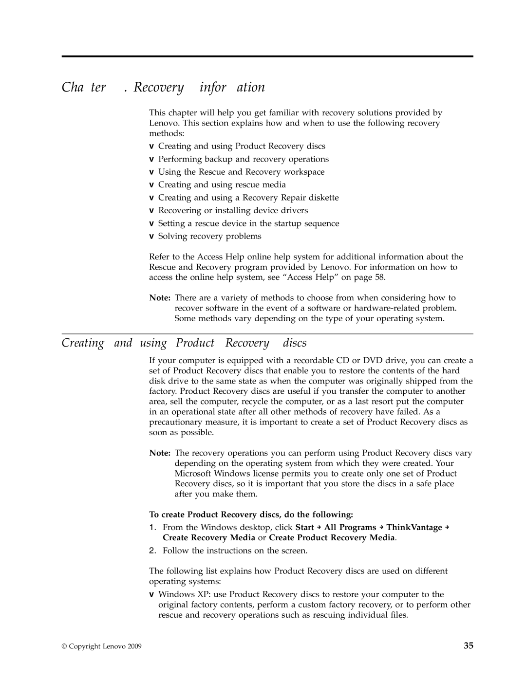 Lenovo 7348, 6139, 8338, 8820, 7637, 7479, 7626, 7356, 7359, 7629 Recovery information, Creating and using Product Recovery discs 