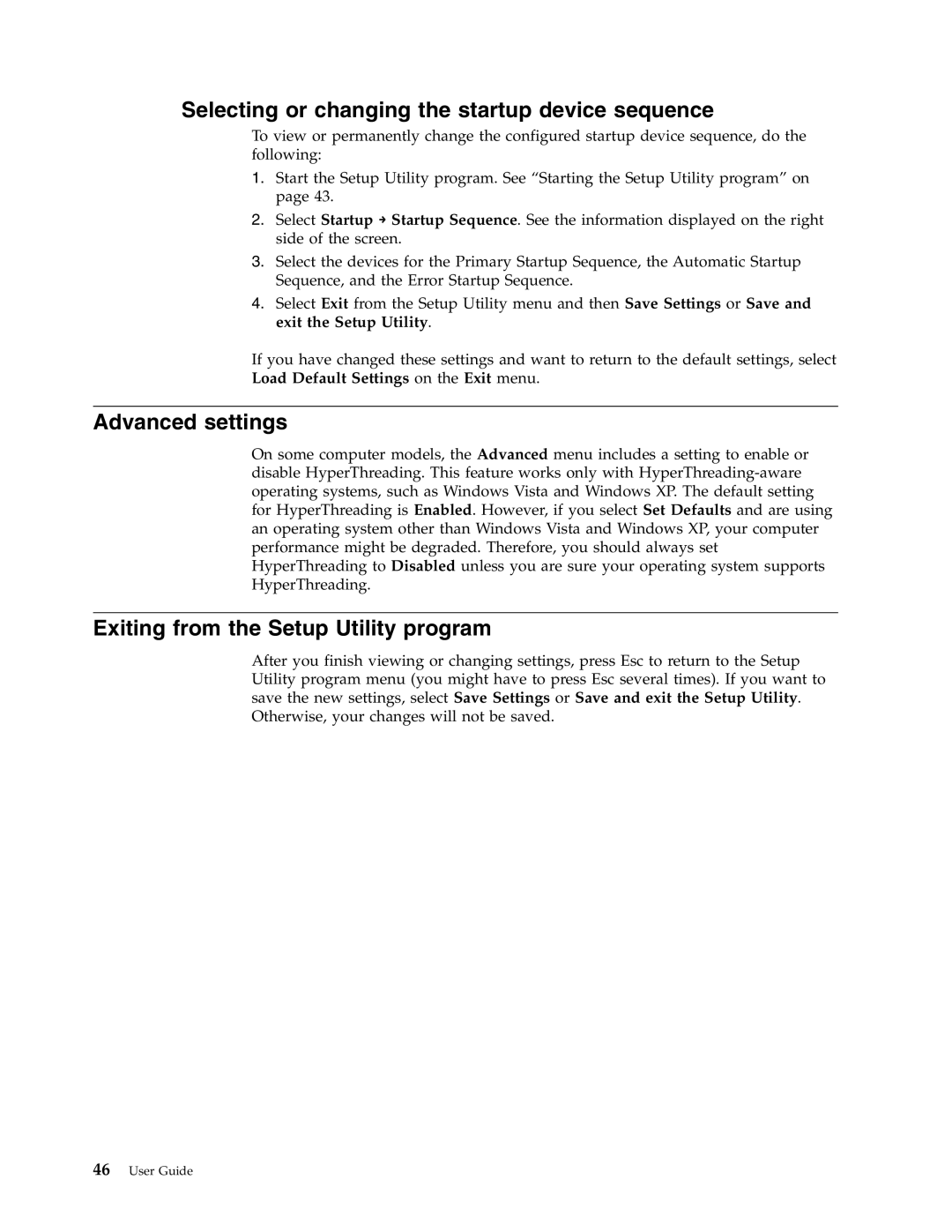 Lenovo 7187 Selecting or changing the startup device sequence, Advanced settings, Exiting from the Setup Utility program 