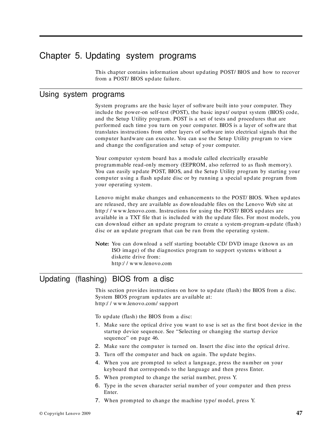 Lenovo 9961, 6139, 7348, 8338, 8820, 7637 Updating system programs, Using system programs, Updating flashing Bios from a disc 