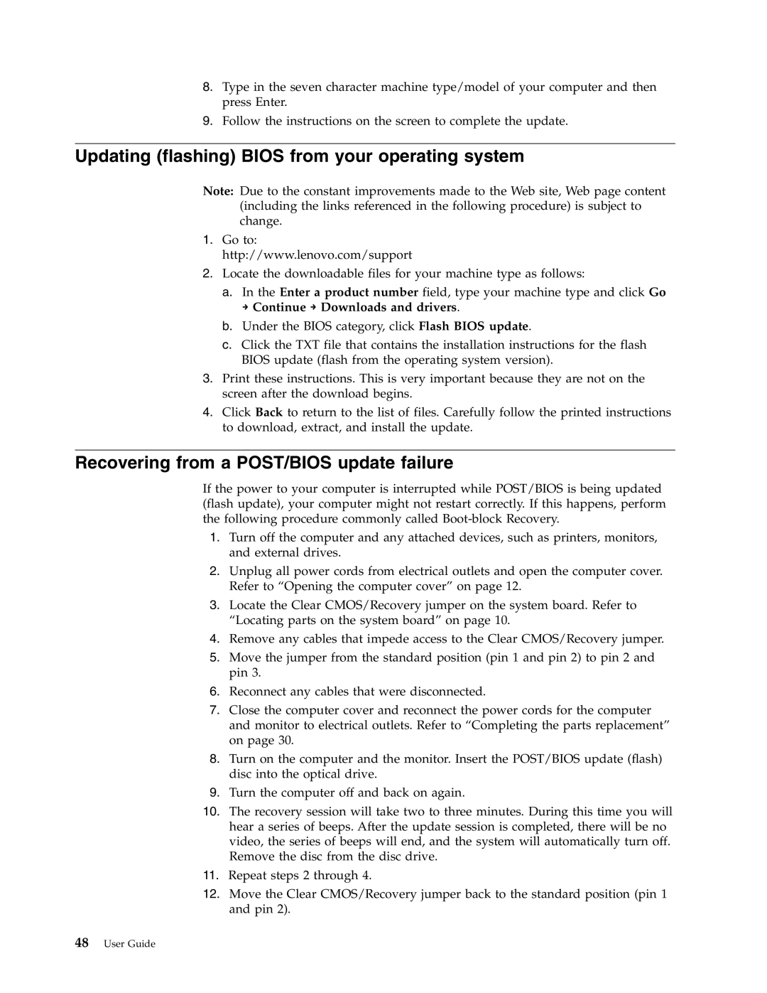 Lenovo 6139, 7348, 8338, 8820 Updating flashing Bios from your operating system, Recovering from a POST/BIOS update failure 