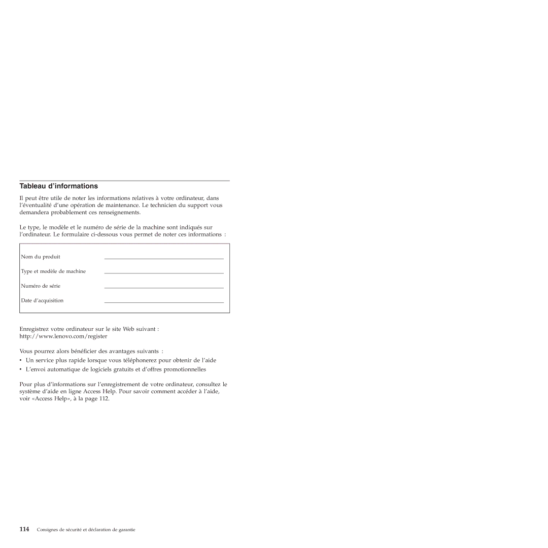 Lenovo 6175 manual Tableau d’informations 