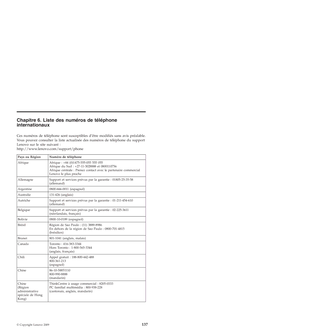 Lenovo 6175 manual Chapitre 6. Liste des numéros de téléphone internationaux, 137, Pays ou Région Numéro de téléphone 