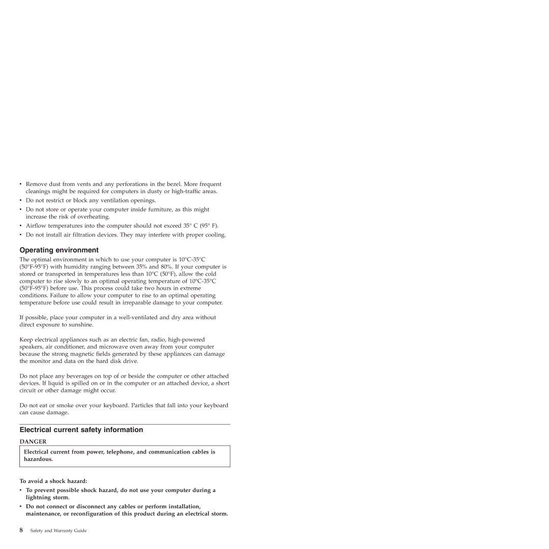 Lenovo 6175 manual Operating environment, Electrical current safety information 