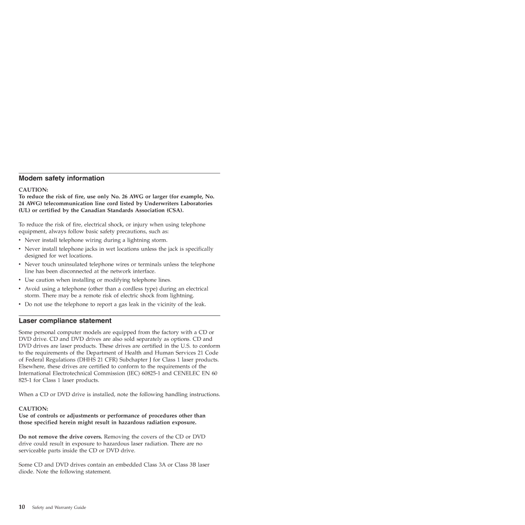 Lenovo 6175 manual Modem safety information, Laser compliance statement 