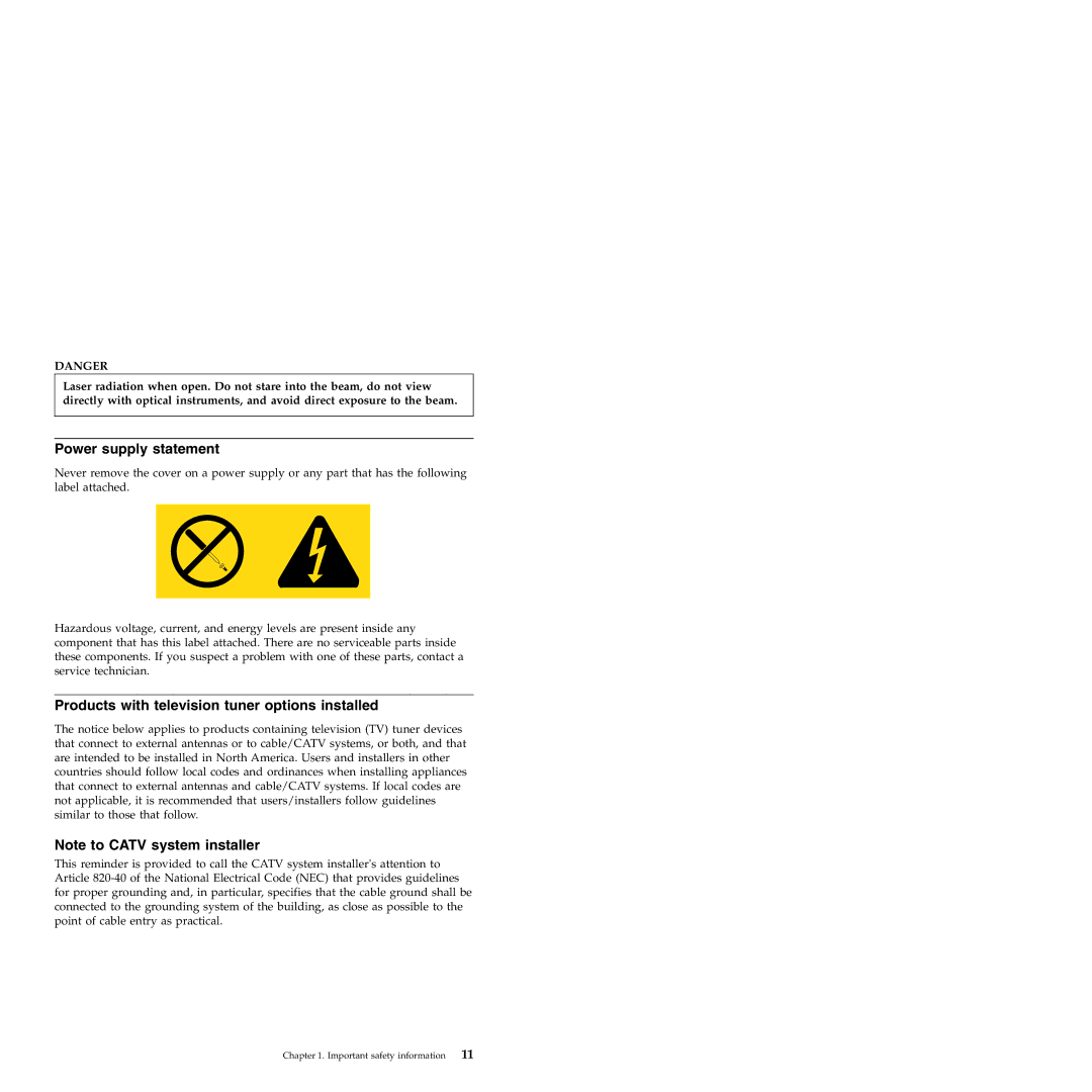 Lenovo 6175 manual Power supply statement, Products with television tuner options installed 