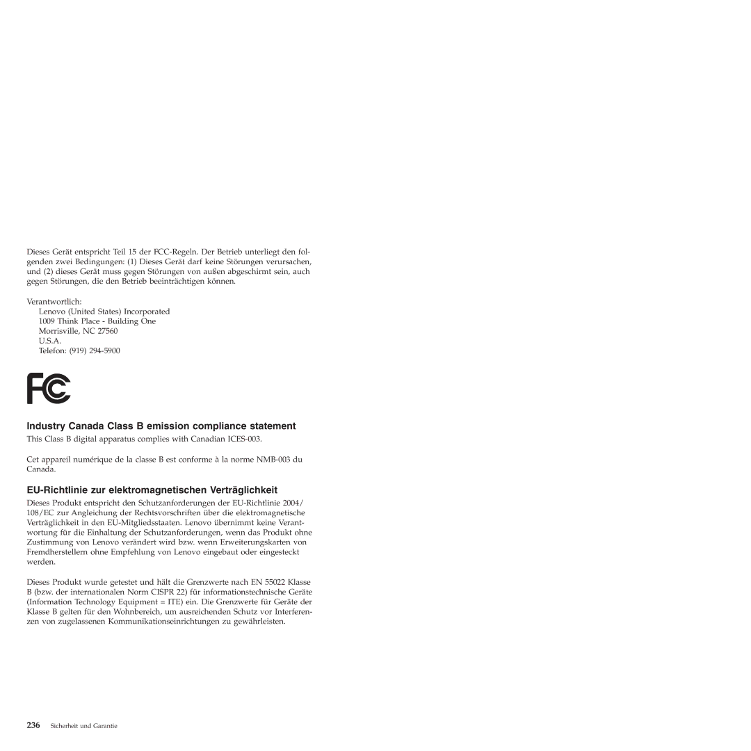 Lenovo 6175 Industry Canada Class B emission compliance statement, EU-Richtlinie zur elektromagnetischen Verträglichkeit 