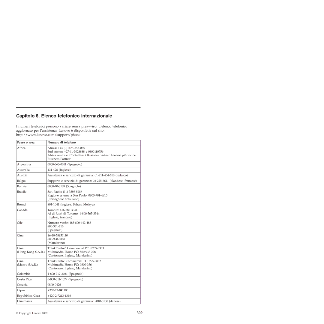 Lenovo 6175 manual Capitolo 6. Elenco telefonico internazionale, 309, Paese o area Numero di telefono 