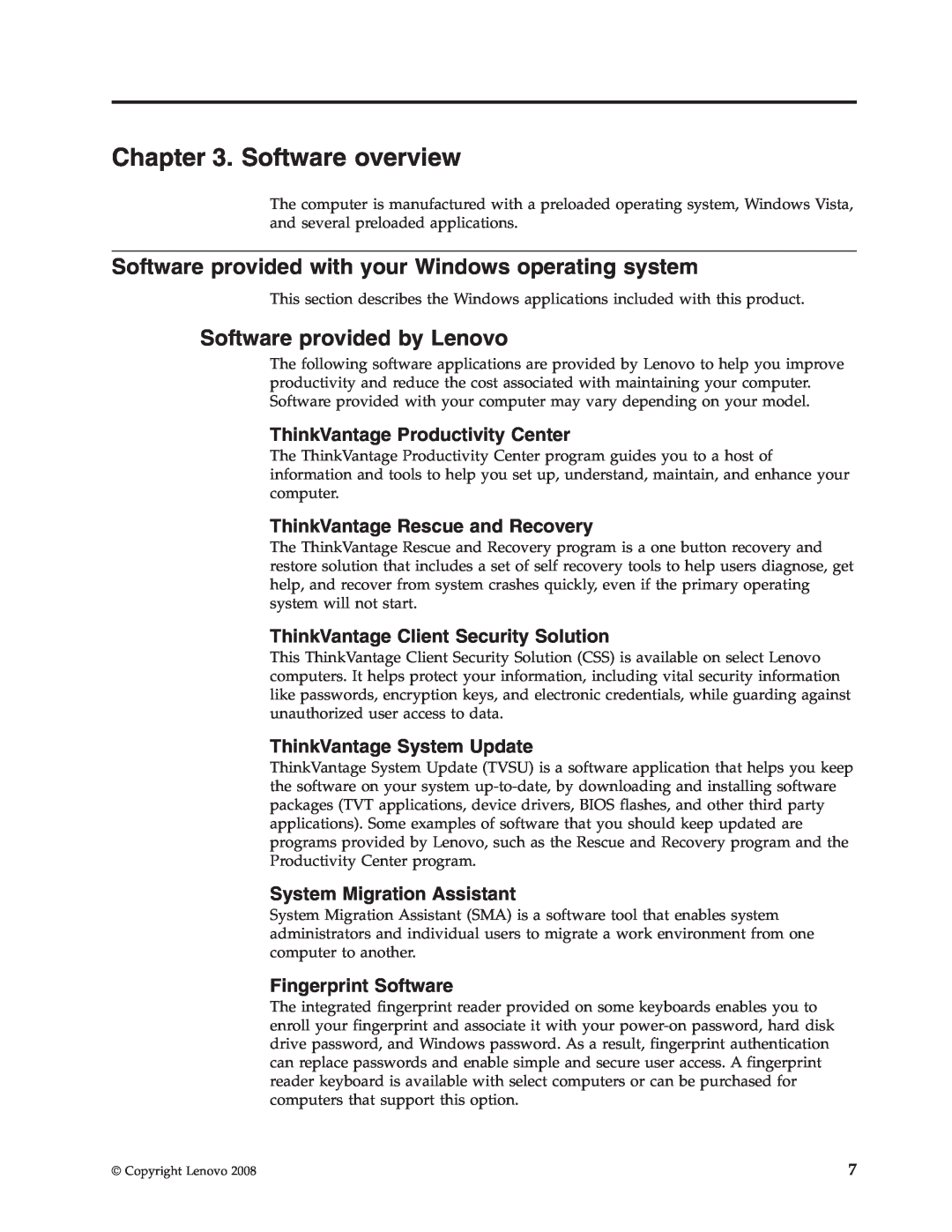 Lenovo 6176 Software overview, Software provided by Lenovo, ThinkVantage Productivity Center, ThinkVantage System Update 