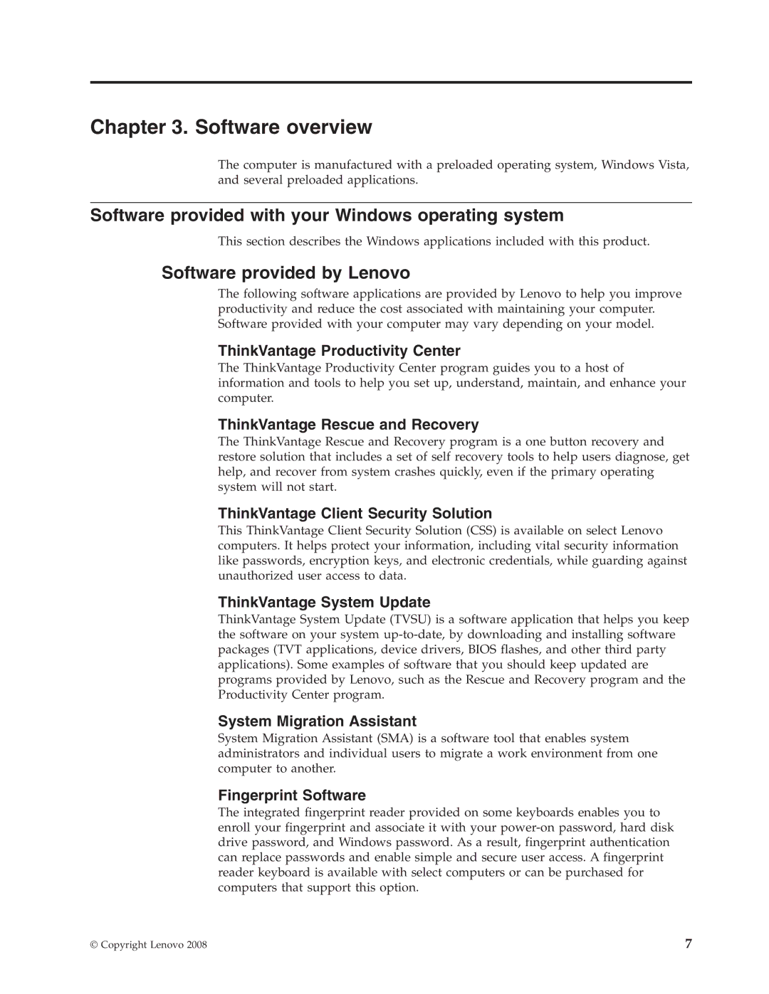 Lenovo 6176, 6177 Software overview, Software provided with your Windows operating system, Software provided by Lenovo 