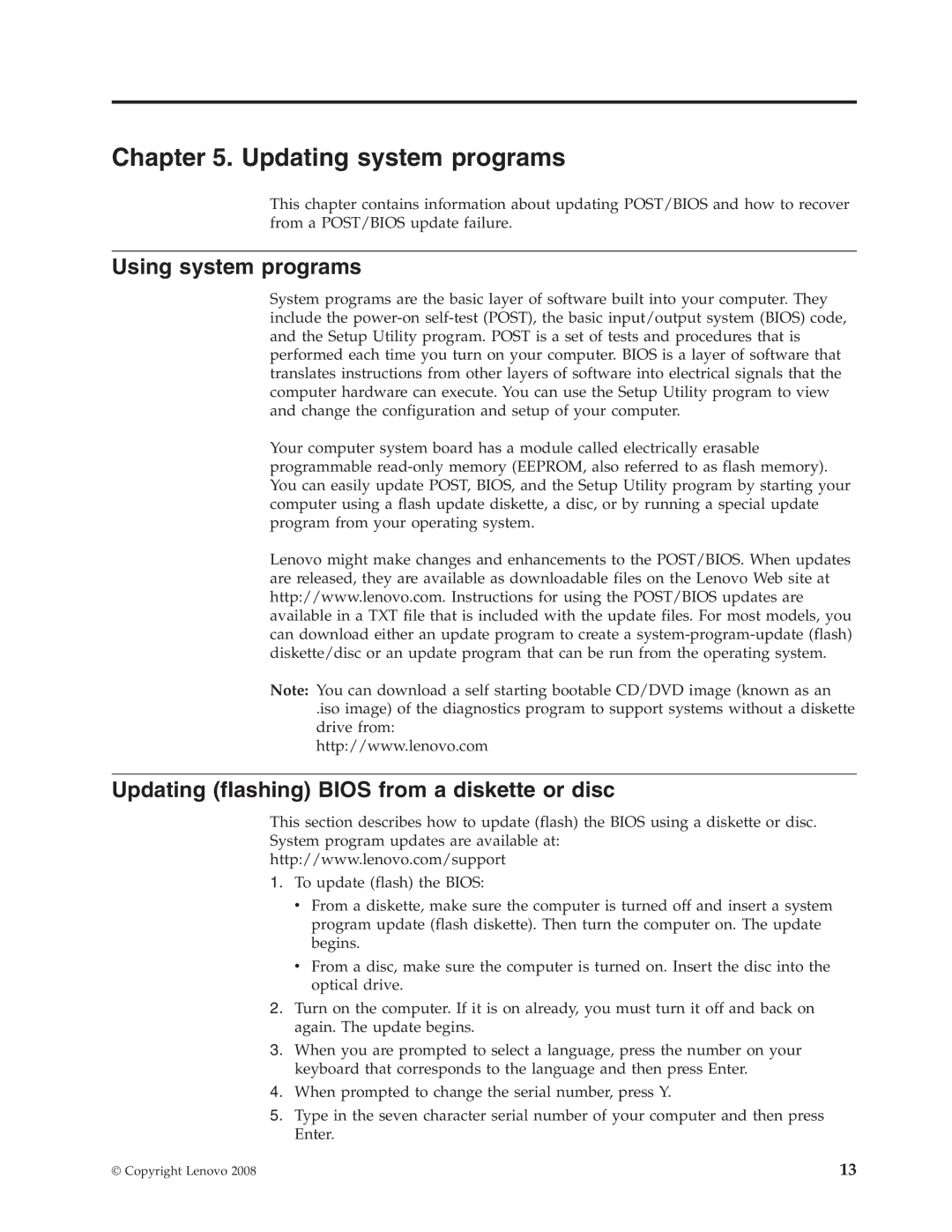 Lenovo 6177, 6176, 7064 Updating system programs, Using system programs, Updating flashing Bios from a diskette or disc 