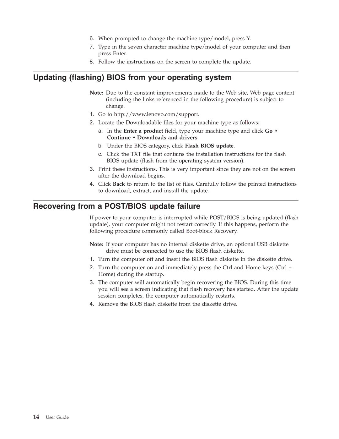 Lenovo 6176, 6177, 7064, 7094 Updating flashing Bios from your operating system, Recovering from a POST/BIOS update failure 