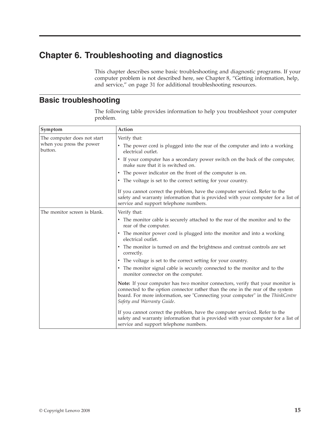 Lenovo 7064, 6177, 6176, 7094, 7065, 7066, 6178 manual Troubleshooting and diagnostics, Basic troubleshooting, Symptom Action 