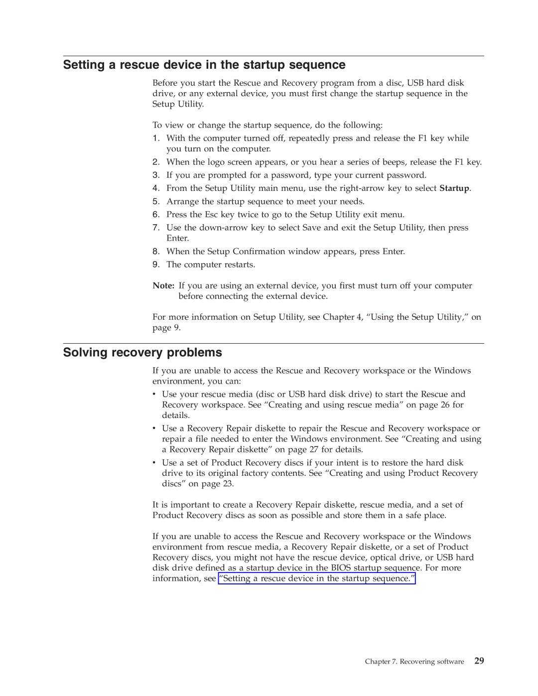 Lenovo 7064, 6177, 6176, 7094, 7065, 7066, 6178 manual Setting a rescue device in the startup sequence, Solving recovery problems 
