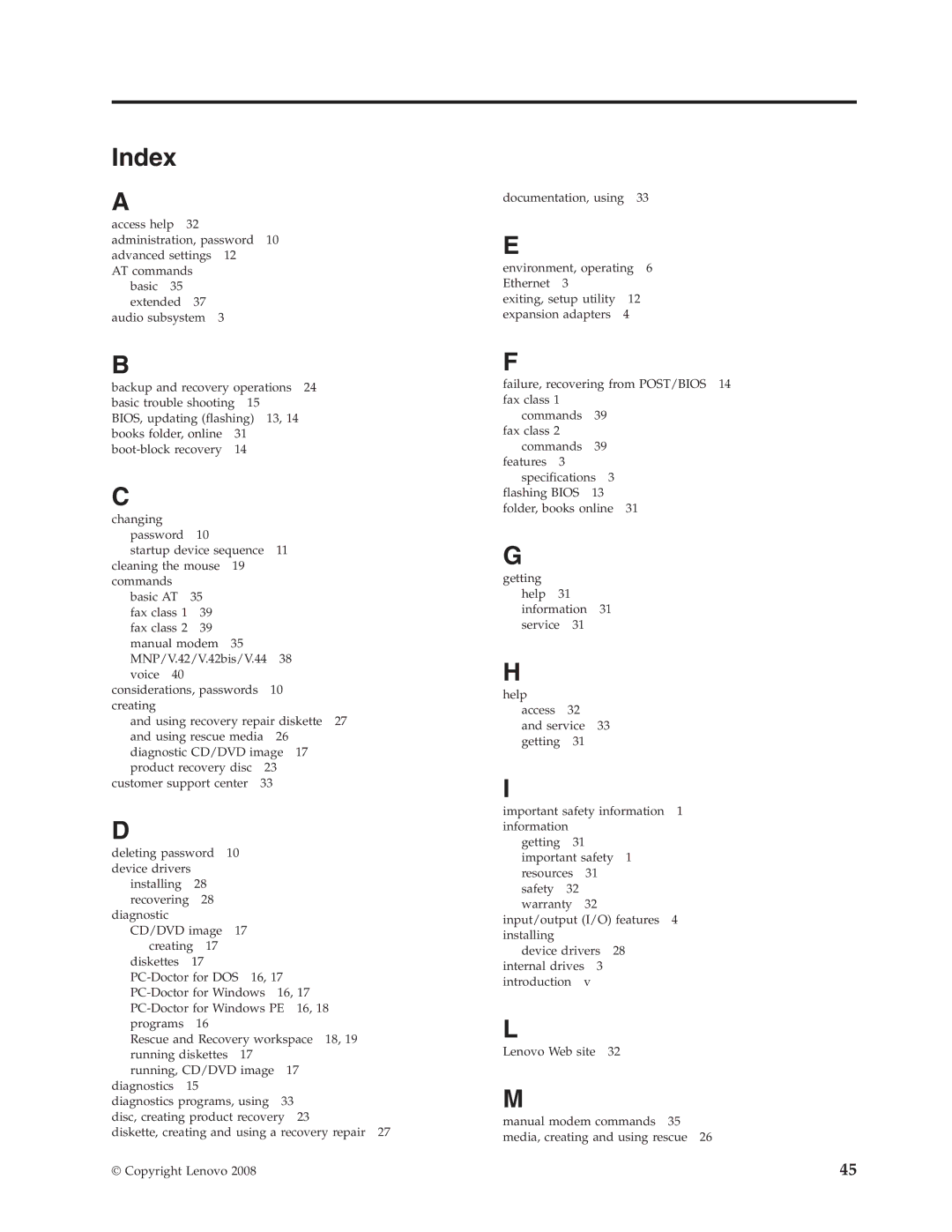 Lenovo 7065, 6177, 6176, 7064, 7094, 7066, 6178 manual Index 