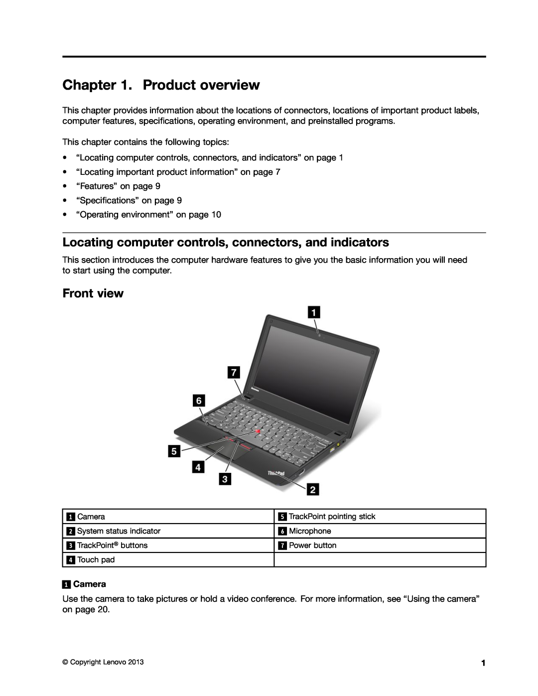 Lenovo 628323U manual Product overview, Locating computer controls, connectors, and indicators, Front view, Camera 
