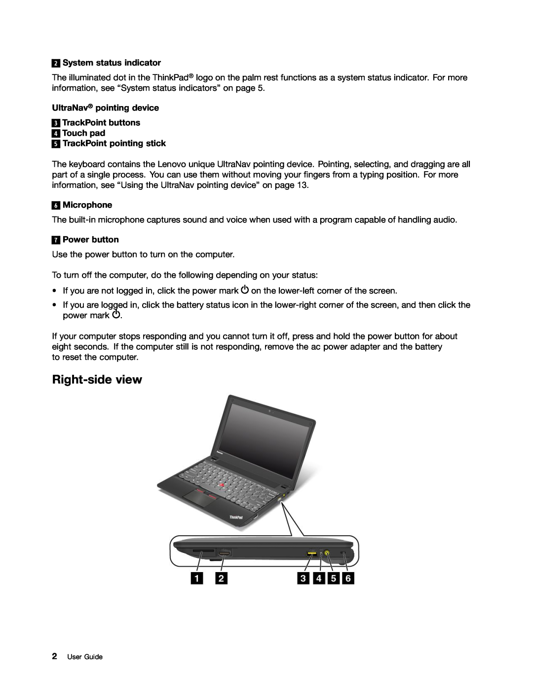Lenovo 628323U manual Right-side view, System status indicator, UltraNav pointing device, Microphone, Power button 