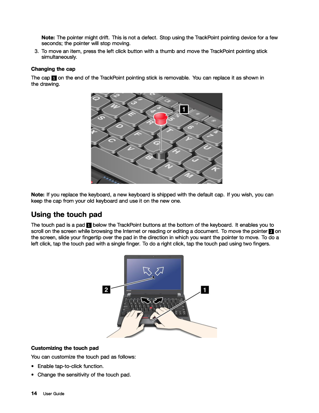 Lenovo 628323U manual Using the touch pad, Changing the cap, Customizing the touch pad 