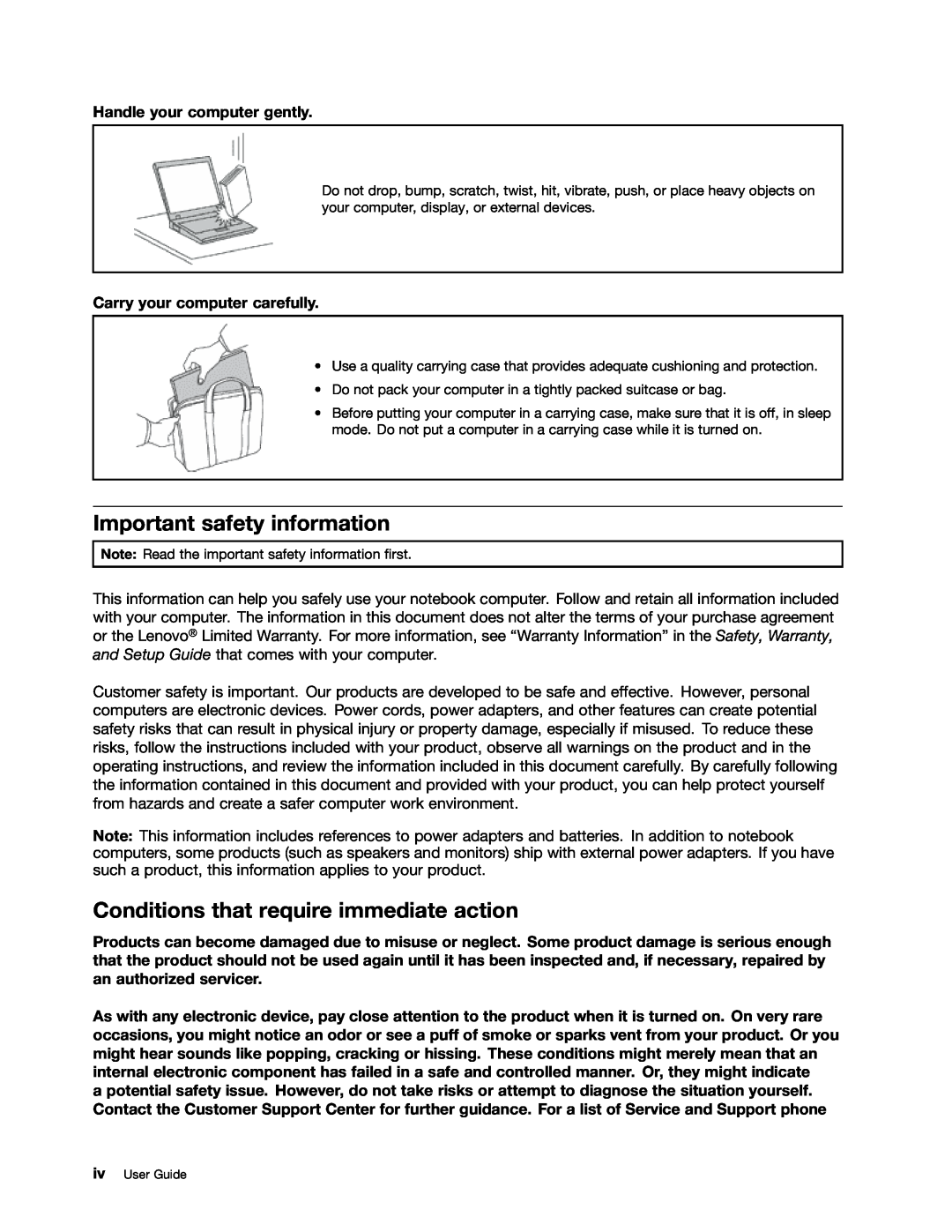 Lenovo 628323U manual Important safety information, Conditions that require immediate action, Handle your computer gently 
