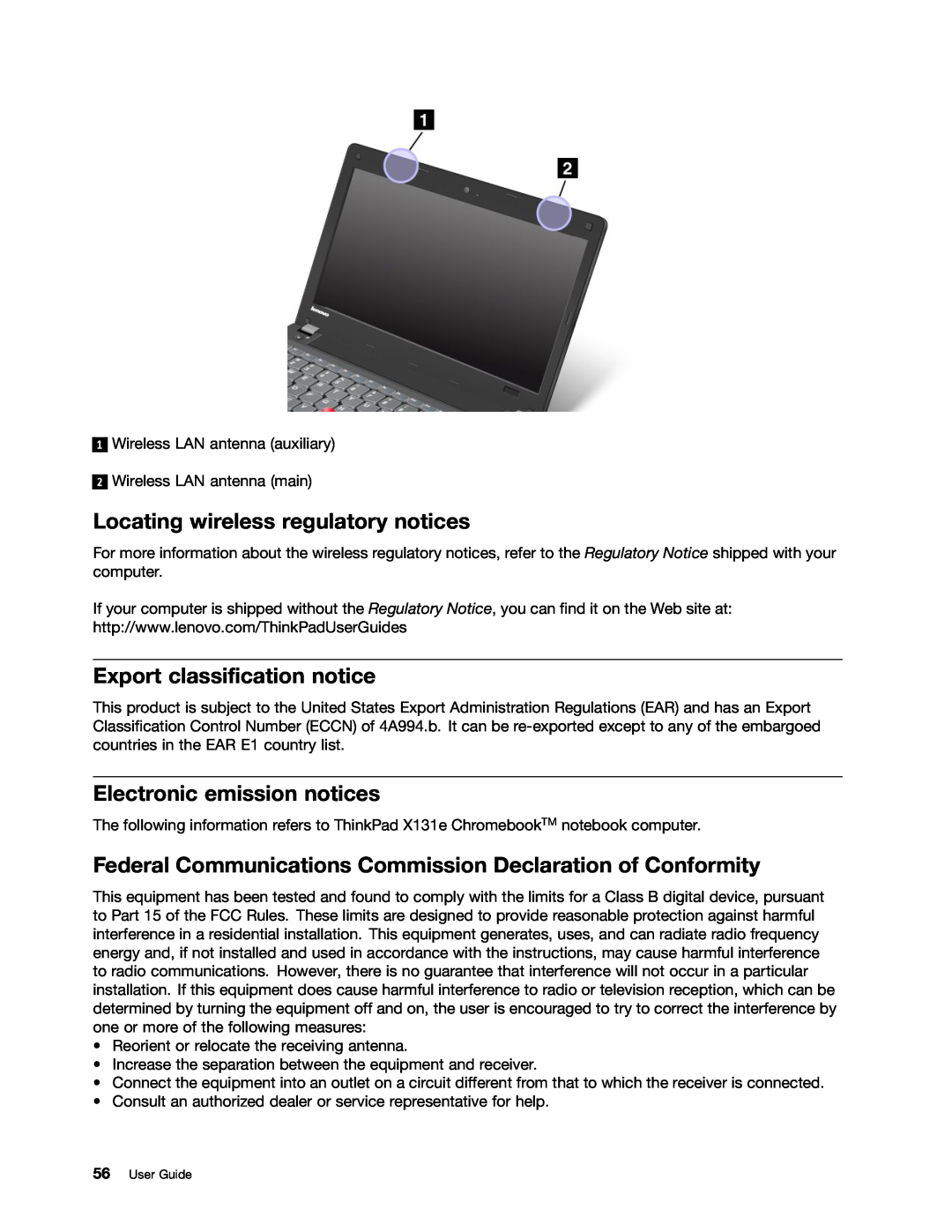 Lenovo 628323U manual Locating wireless regulatory notices, Export classification notice, Electronic emission notices 