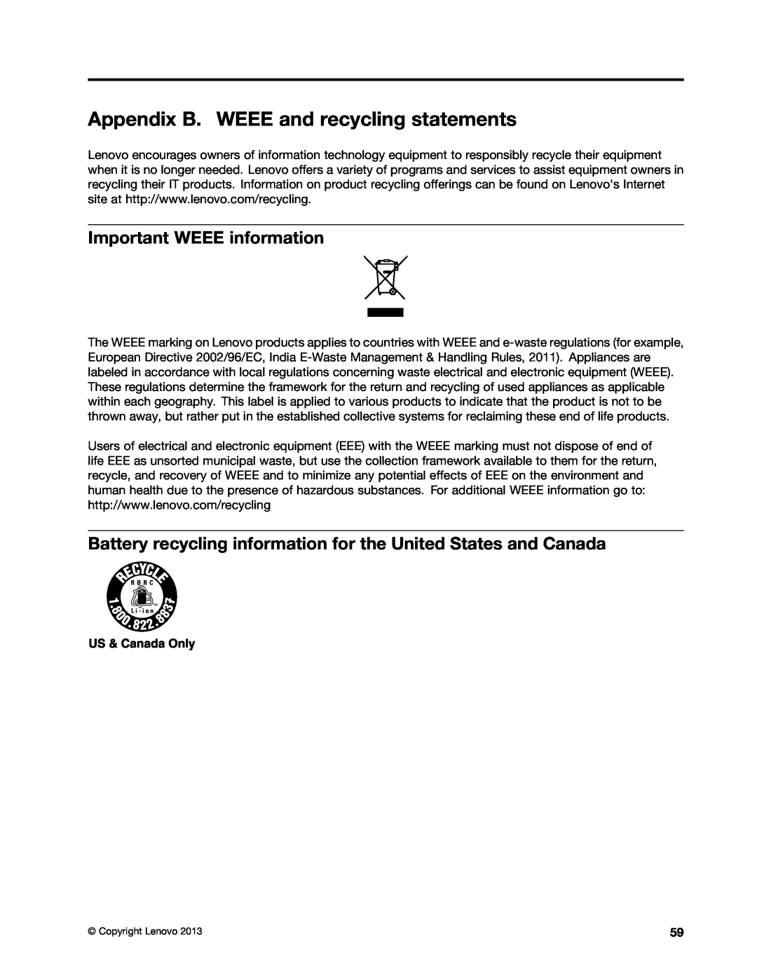 Lenovo 628323U manual Appendix B. WEEE and recycling statements, Important WEEE information 