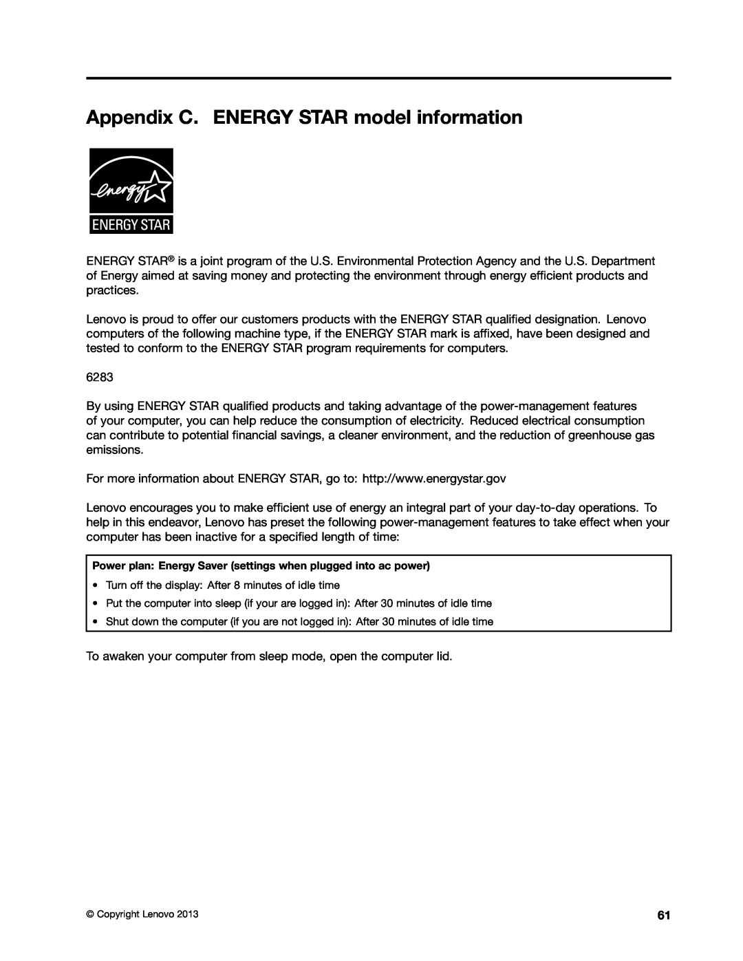Lenovo 628323U manual Appendix C. ENERGY STAR model information 