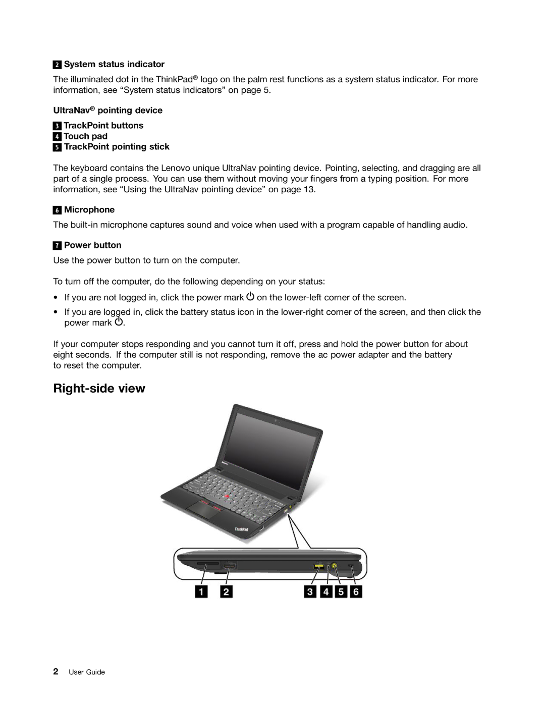 Lenovo 628323U manual Right-side view, System status indicator, Microphone, Power button 