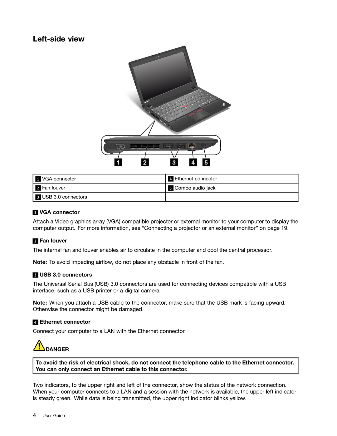 Lenovo 628323U manual Left-side view, VGA connector, Fan louver, USB 3.0 connectors, Ethernet connector 