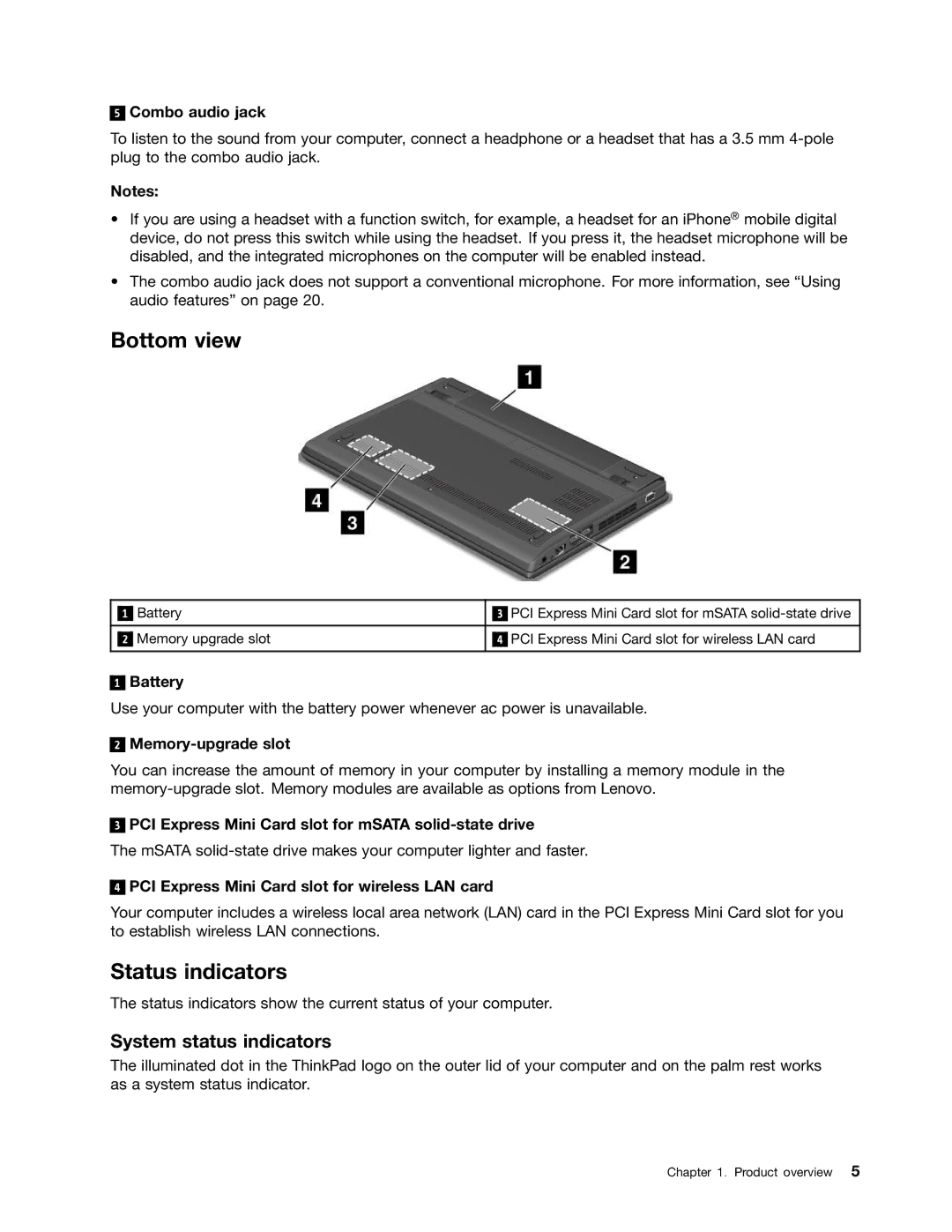 Lenovo 628323U manual Bottom view, Status indicators, System status indicators 