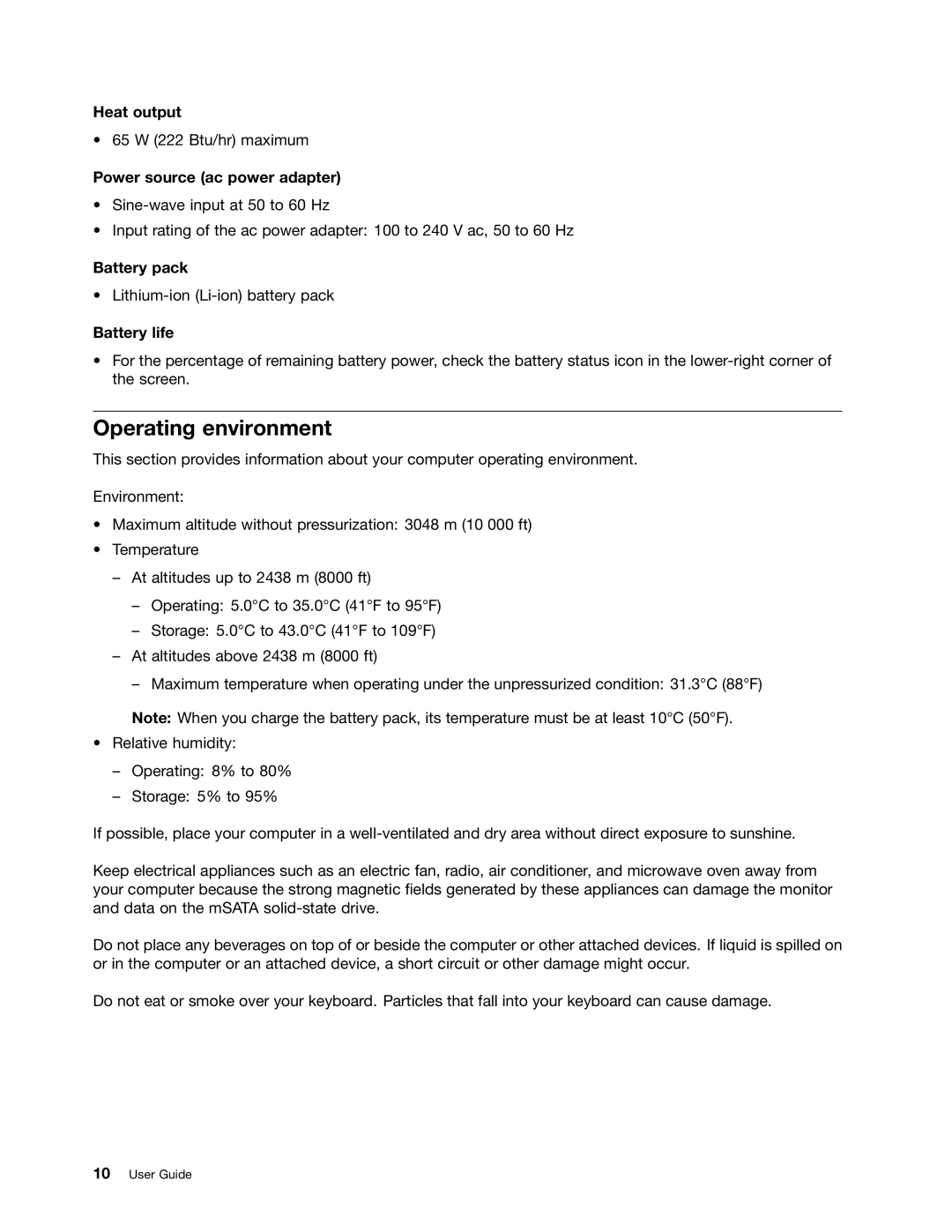 Lenovo 628323U manual Operating environment, Heat output, Power source ac power adapter, Battery pack, Battery life 