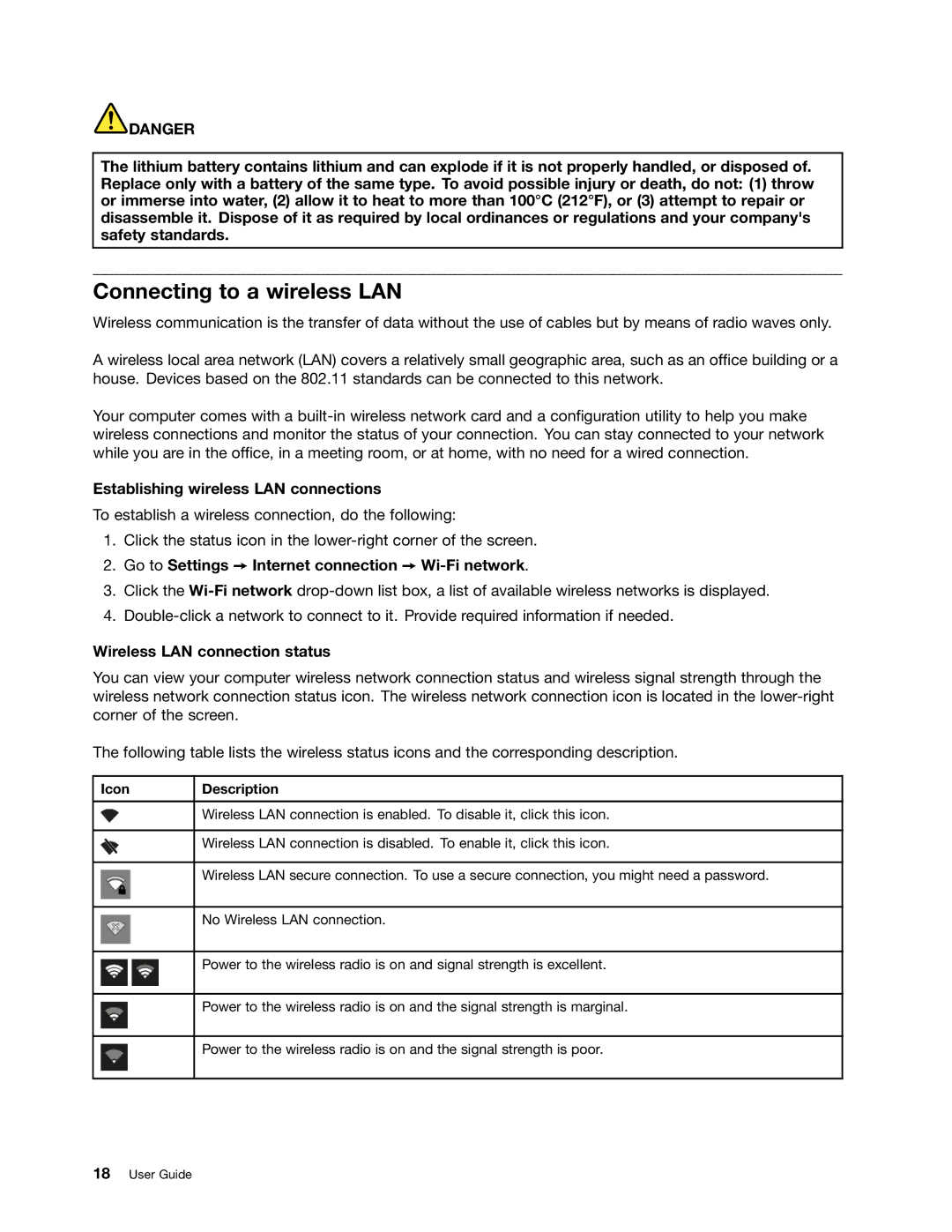 Lenovo 628323U manual Connecting to a wireless LAN, Establishing wireless LAN connections, Wireless LAN connection status 