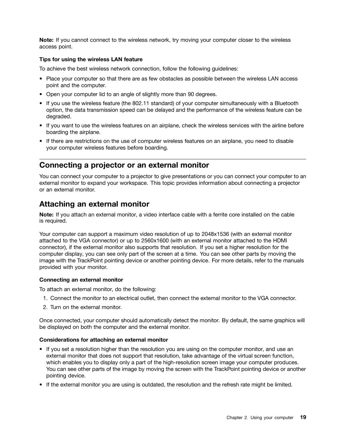 Lenovo 628323U manual Connecting a projector or an external monitor, Attaching an external monitor 