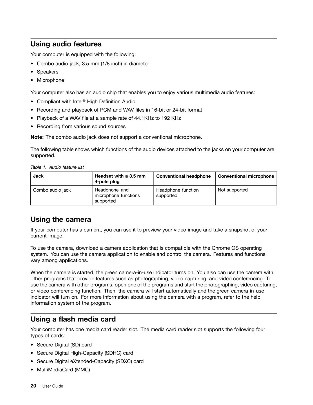 Lenovo 628323U manual Using audio features, Using the camera, Using a flash media card 