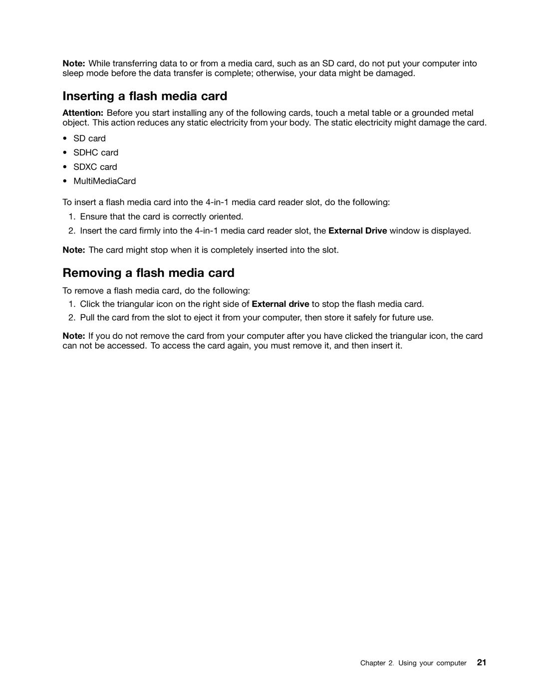 Lenovo 628323U manual Inserting a flash media card, Removing a flash media card 