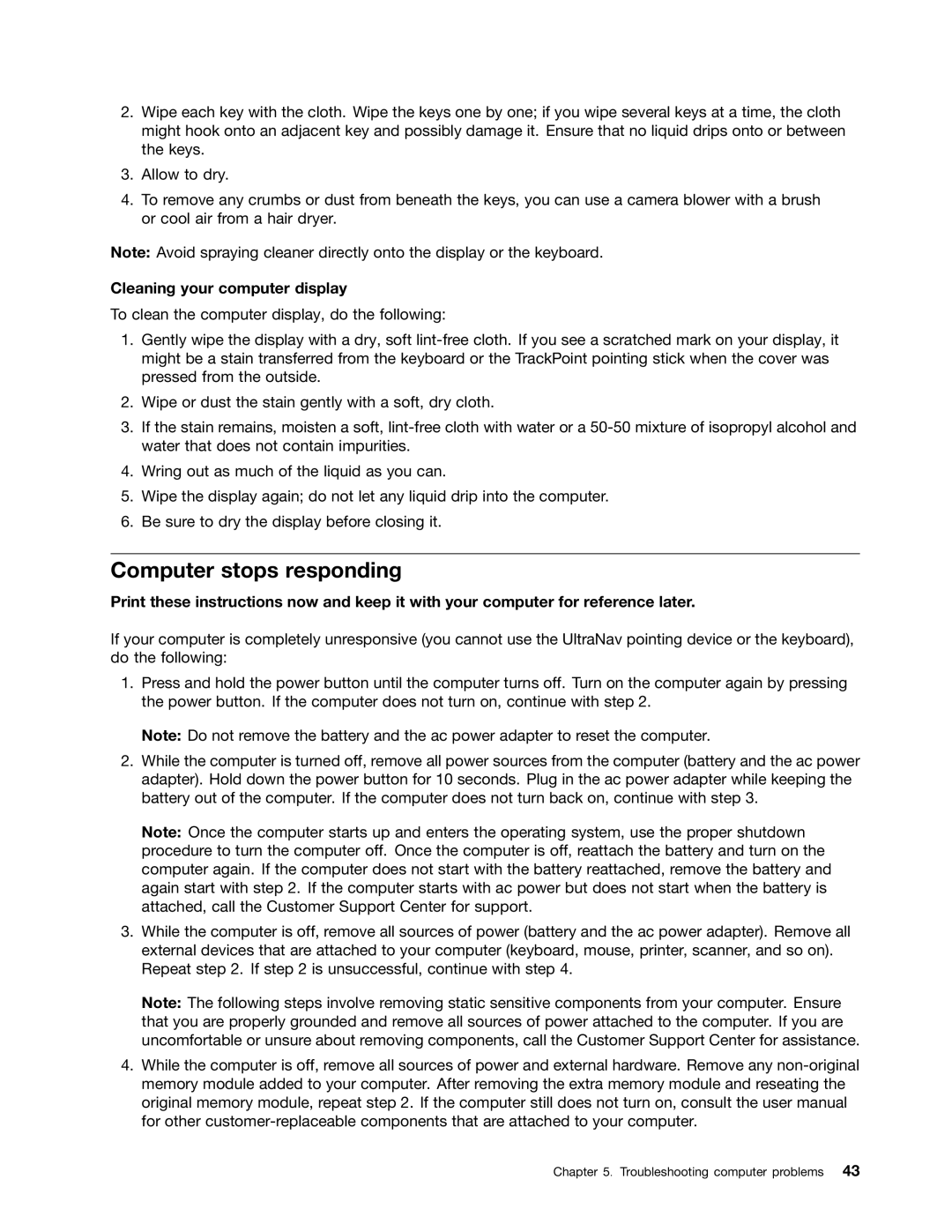 Lenovo 628323U manual Computer stops responding, Cleaning your computer display 