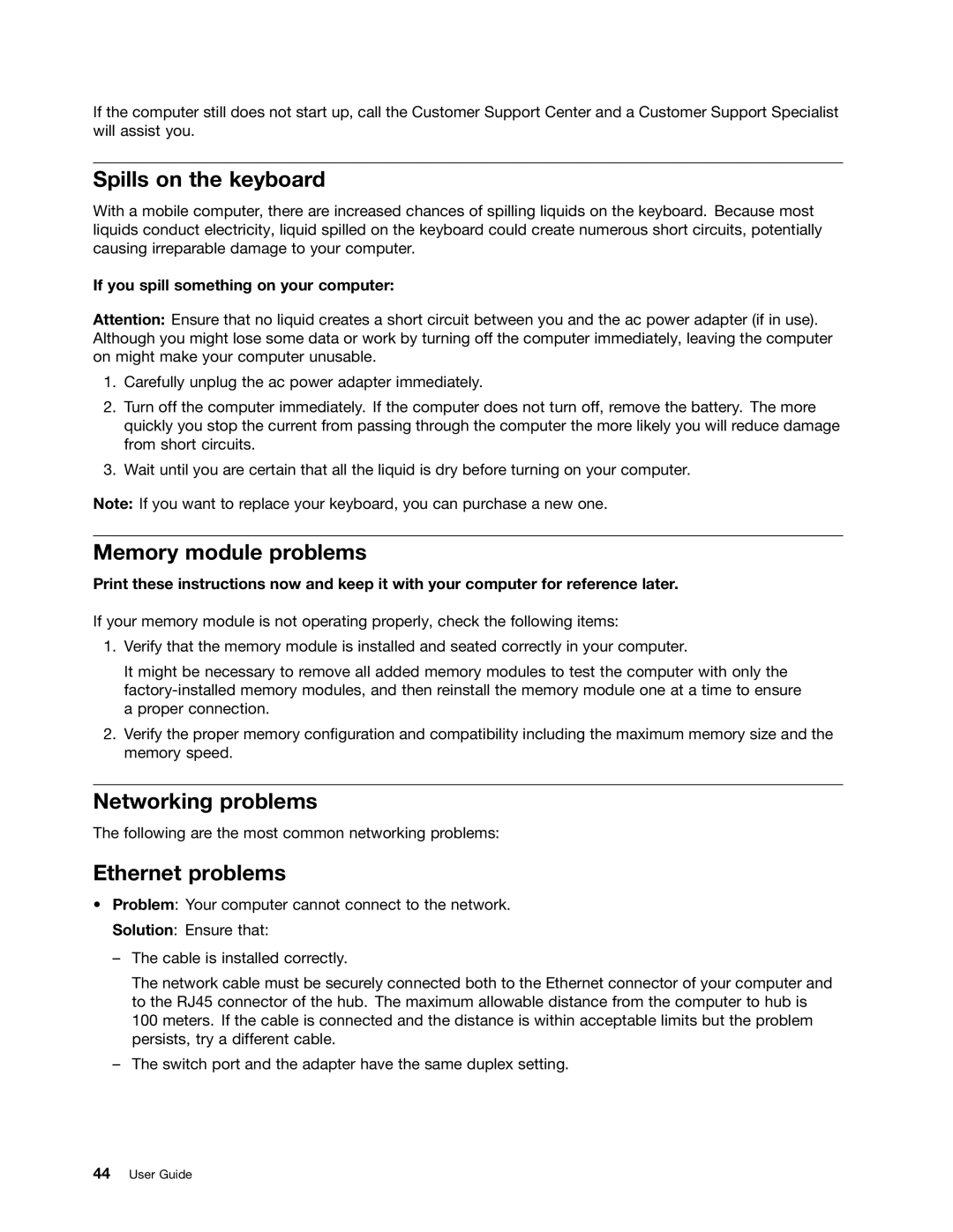 Lenovo 628323U manual Spills on the keyboard, Memory module problems, Networking problems, Ethernet problems 