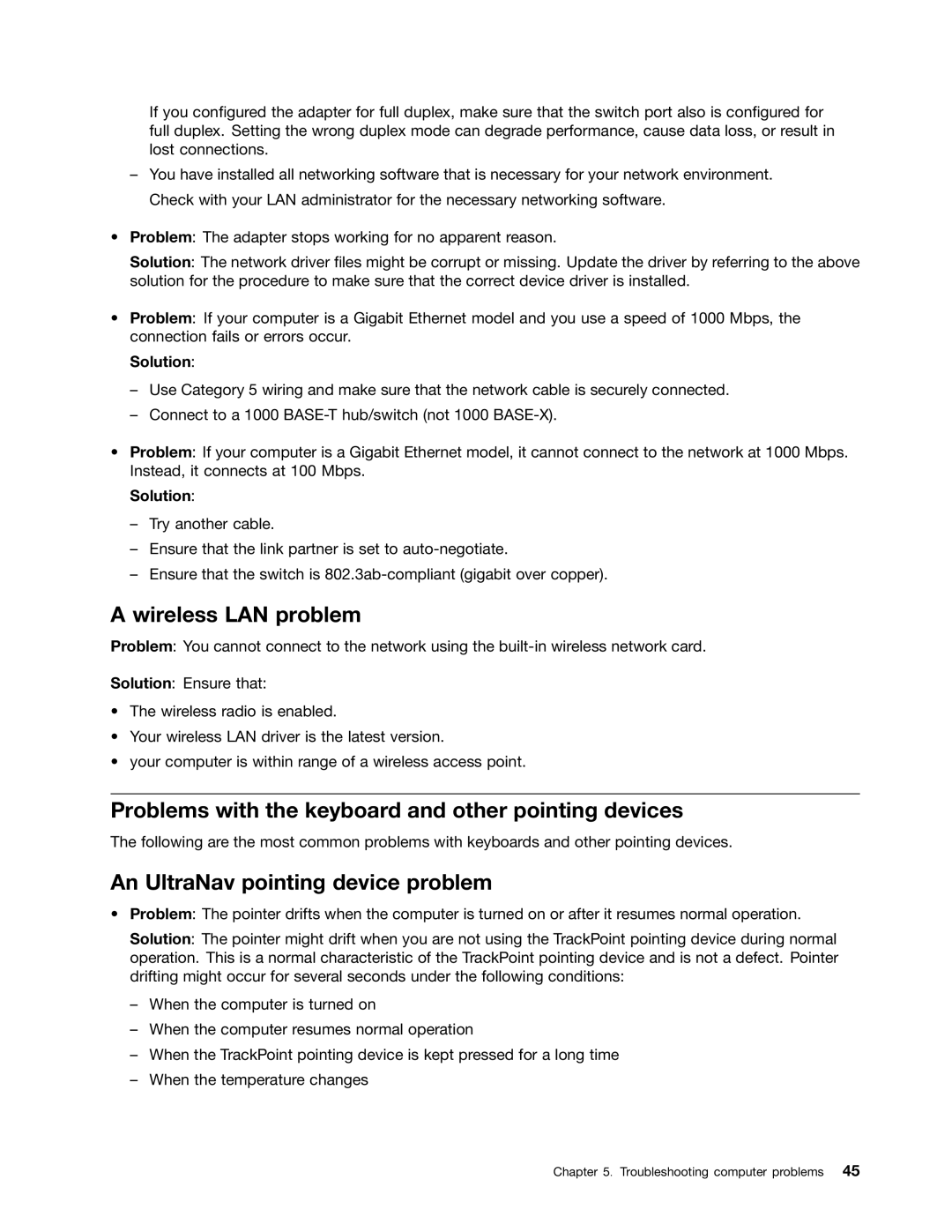 Lenovo 628323U manual Wireless LAN problem, Problems with the keyboard and other pointing devices, Solution 