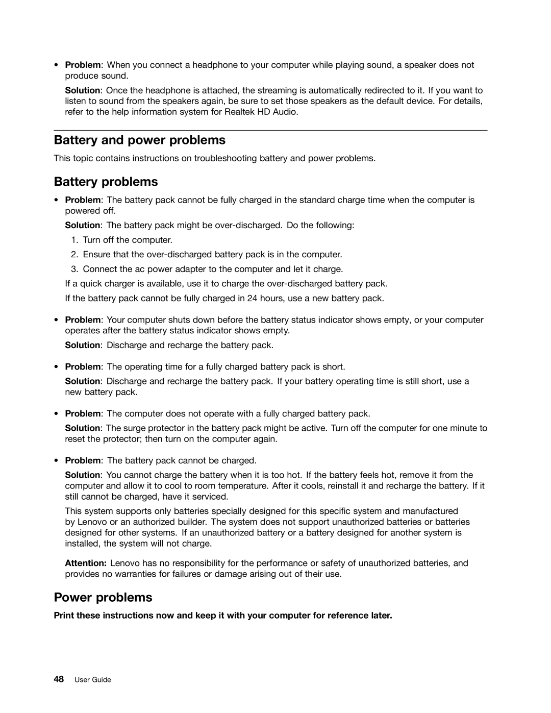 Lenovo 628323U manual Battery and power problems, Battery problems, Power problems 