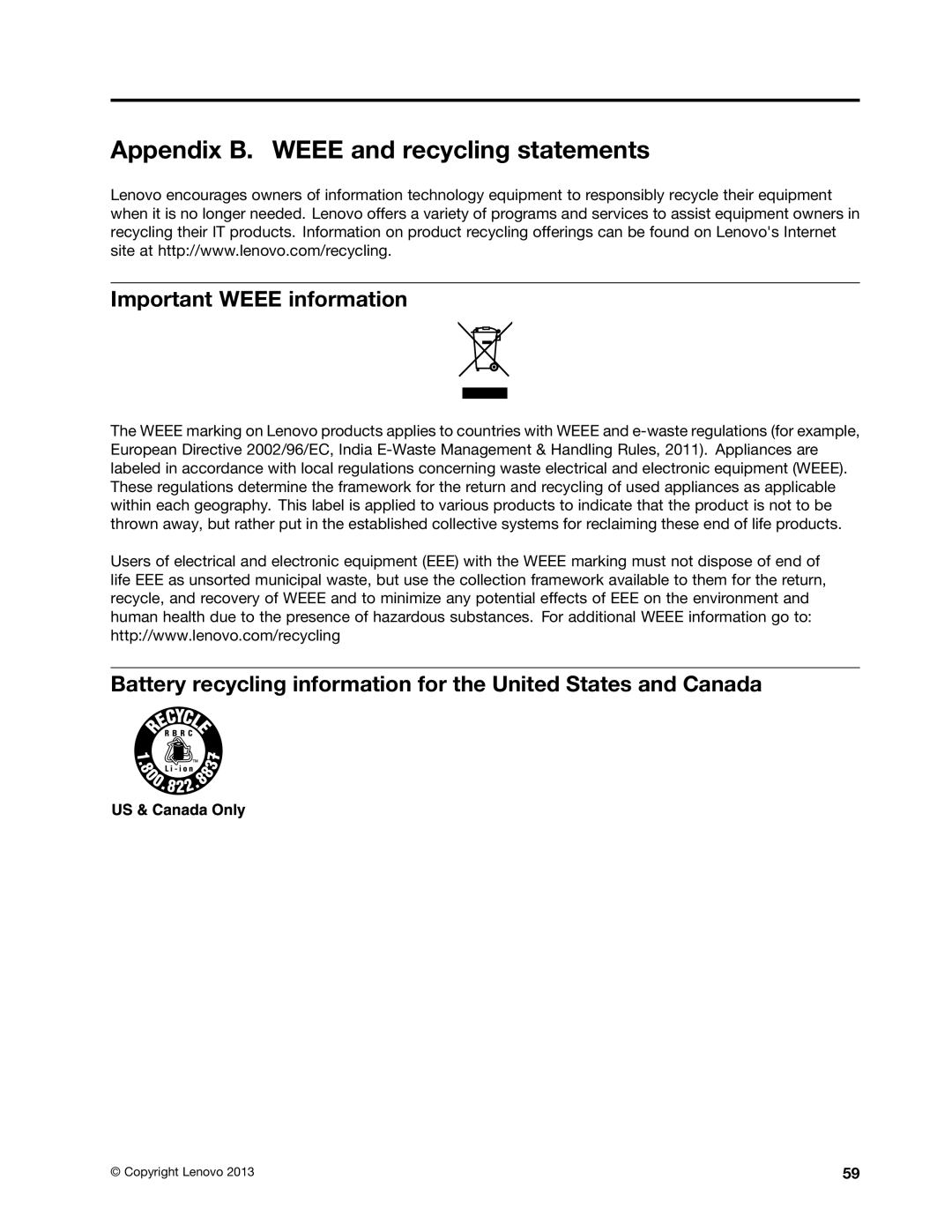 Lenovo 628323U manual Appendix B. Weee and recycling statements, Important Weee information 