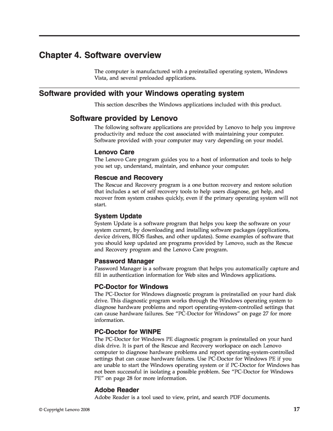 Lenovo 6306 manual Software overview, Software provided by Lenovo 