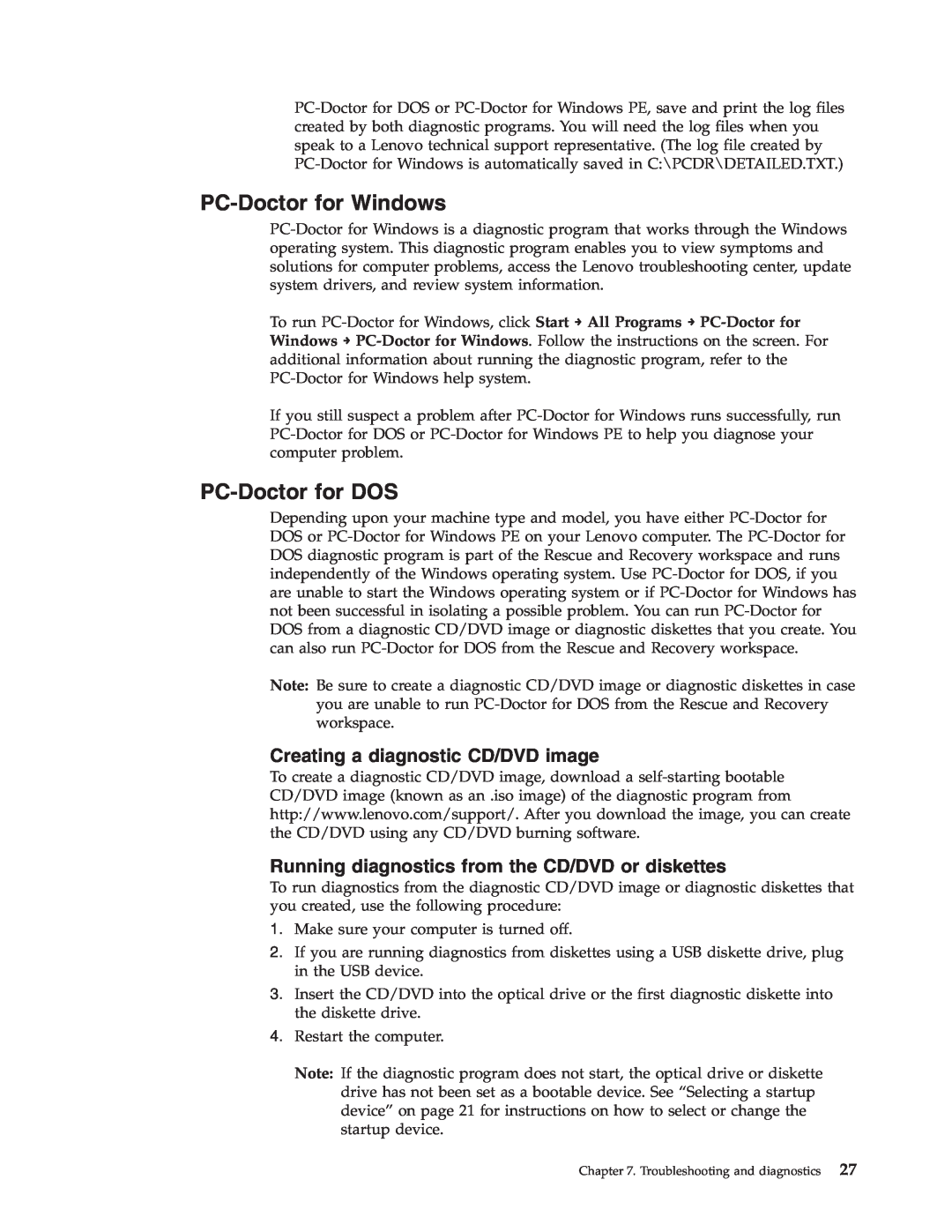 Lenovo 6306 manual PC-Doctorfor Windows, PC-Doctorfor DOS, Creating a diagnostic CD/DVD image 