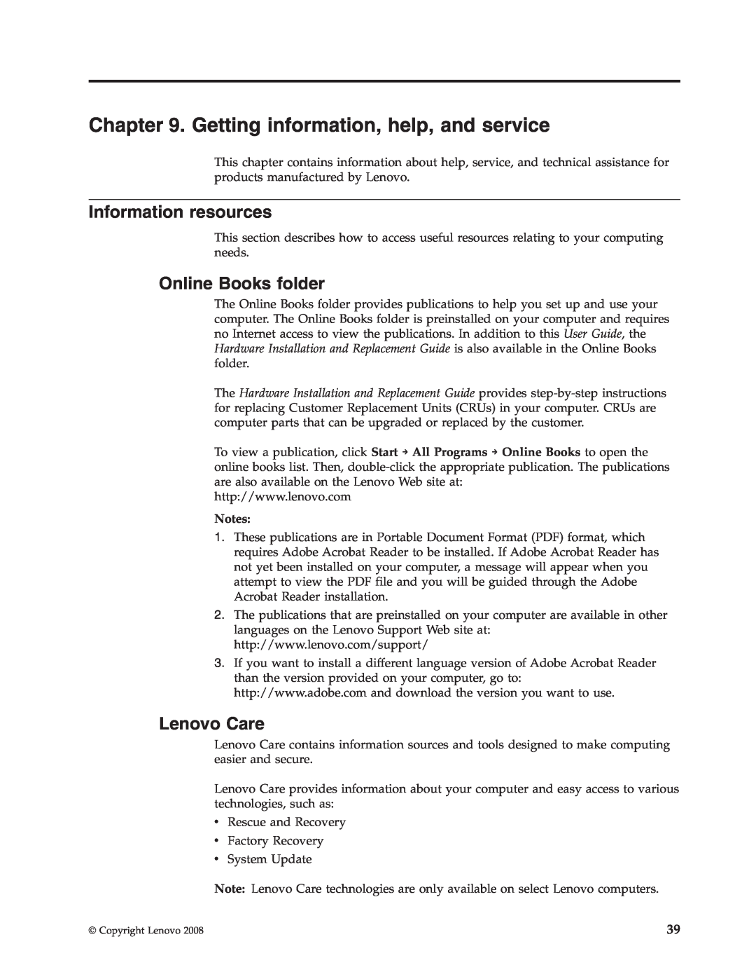 Lenovo 6306 manual Getting information, help, and service, Information resources, Online Books folder, Lenovo Care 