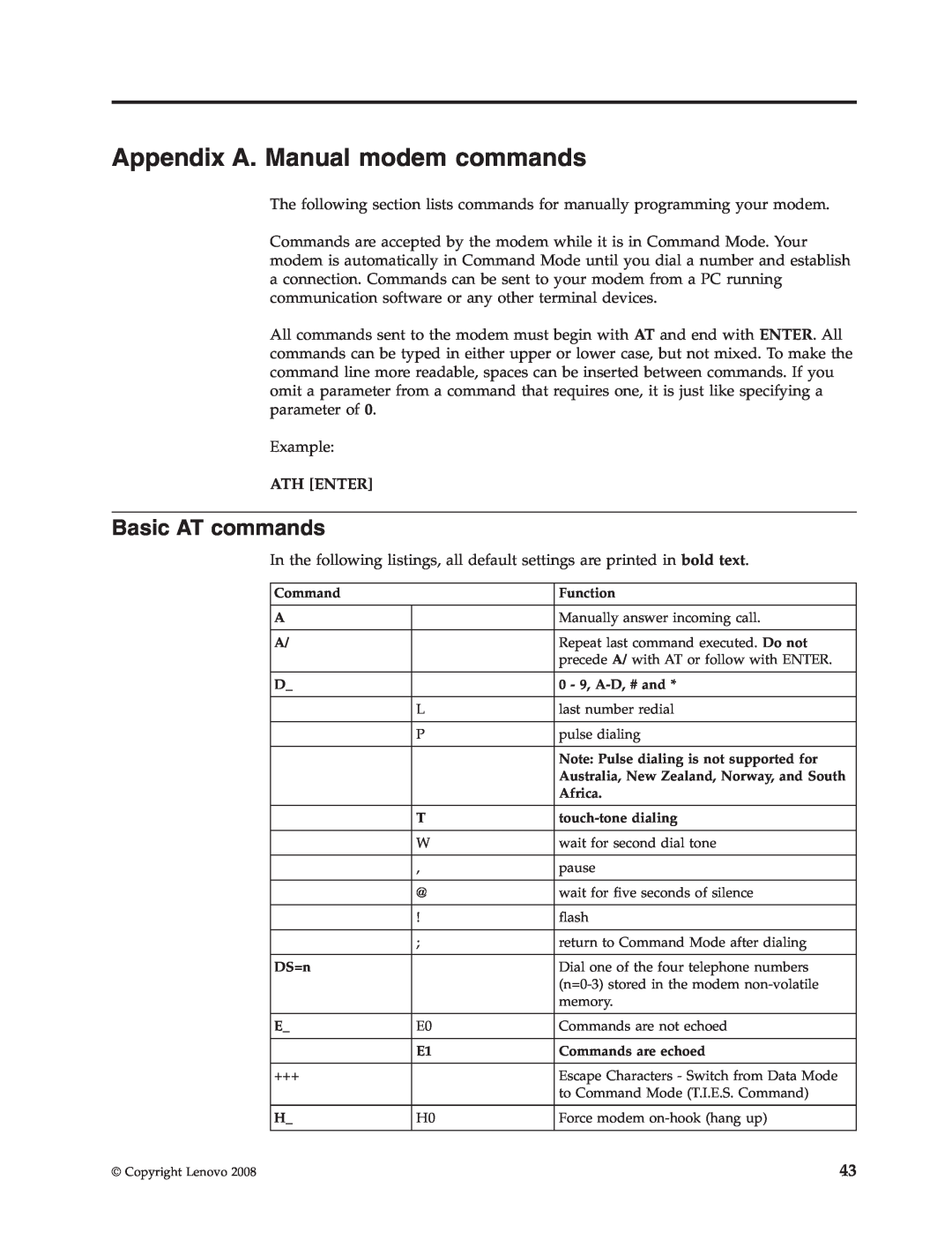 Lenovo 6306 manual Appendix A. Manual modem commands, Basic AT commands 