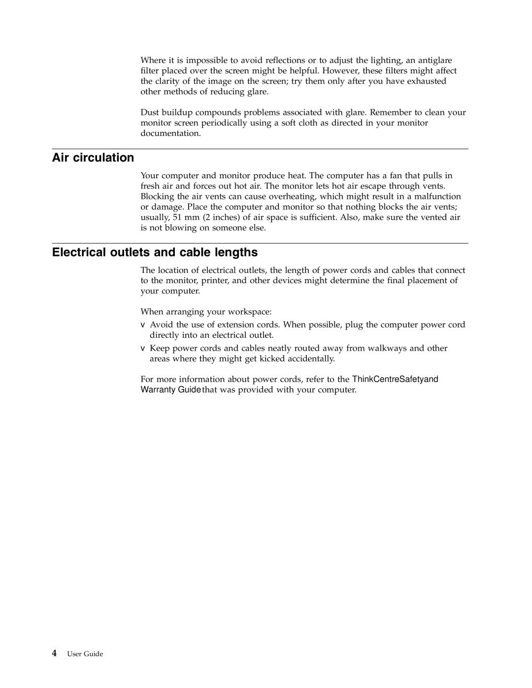 Lenovo 6306 manual Air circulation, Electrical outlets and cable lengths 