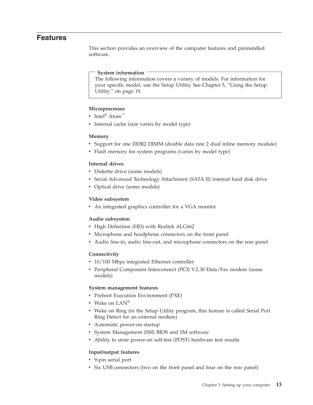 Lenovo 6306 manual Features, System information 