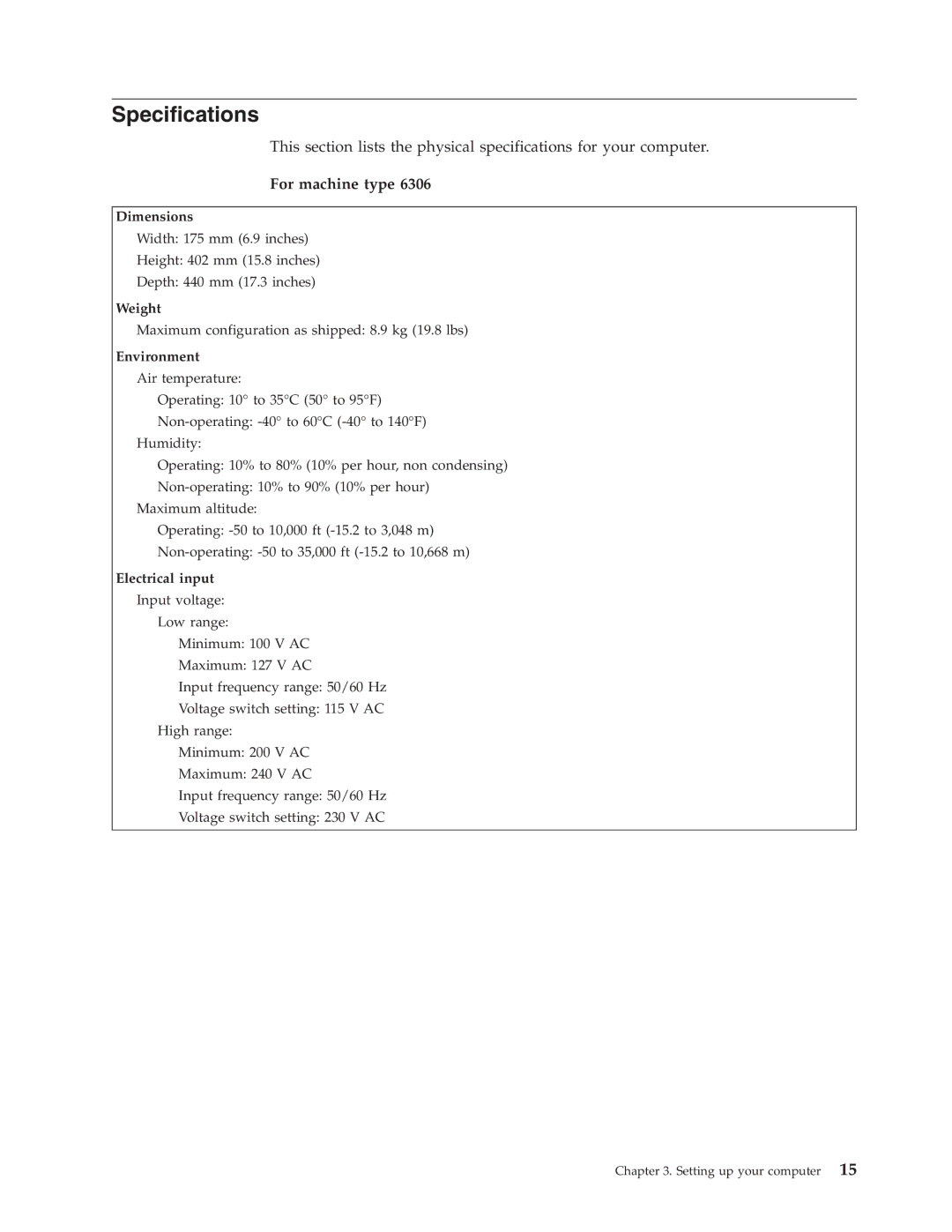 Lenovo 6306 manual Specifications, For machine type 