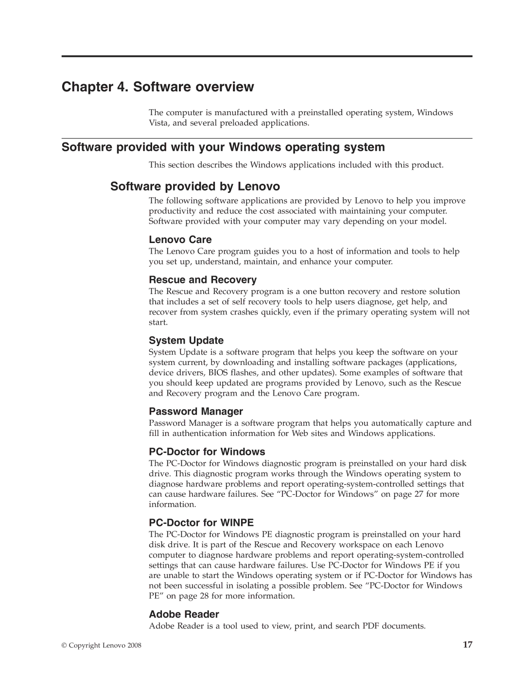 Lenovo 6306 manual Software overview, Software provided with your Windows operating system, Software provided by Lenovo 